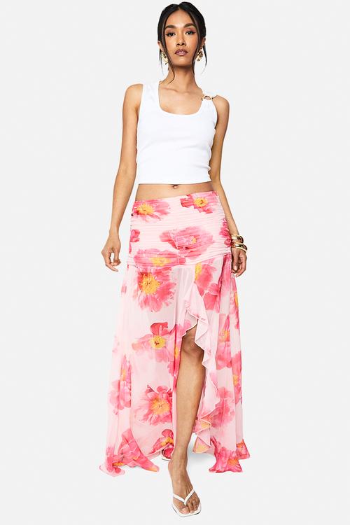 Floral chiffon ruffle split leg maxi skirt - pink