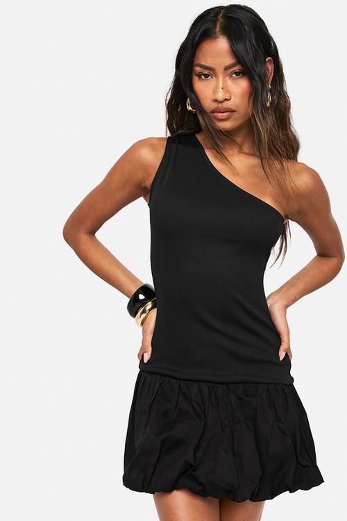 Jersey rib cotton mix one shoulder puffball mini dress - black