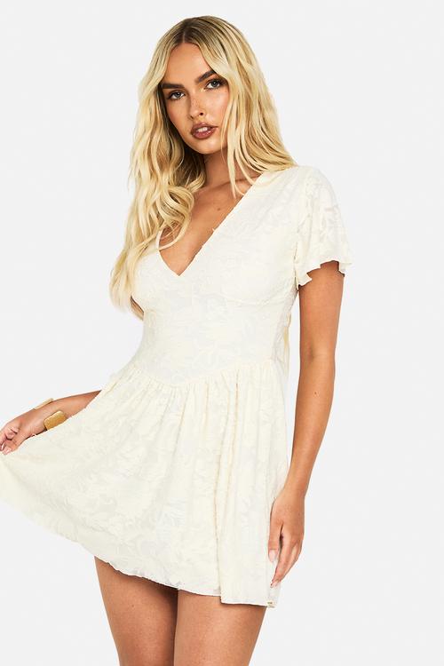 Burnout floral puff sleeve skater dress - cream