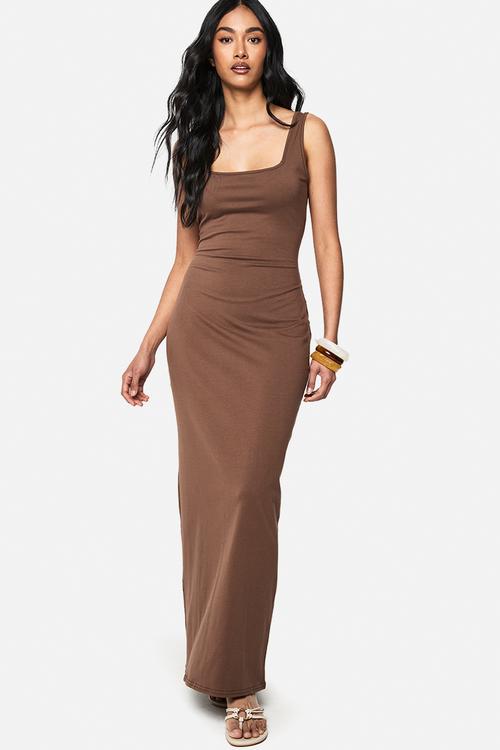 Cotton scoop neck column maxi dress - chocolate