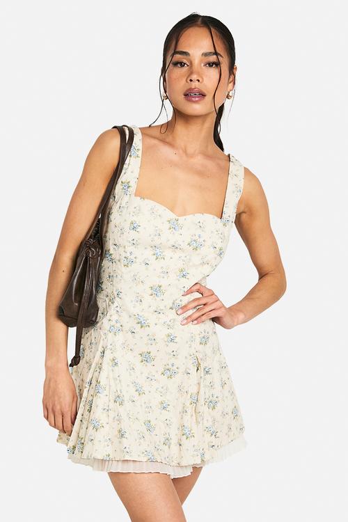 Ditsy floral square neck pleated hem mini dress - ecru