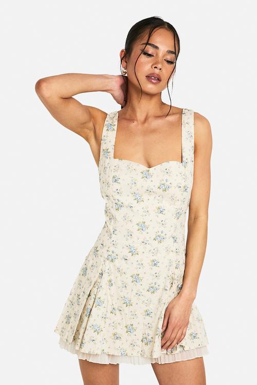Ditsy floral square neck pleated hem mini dress - ecru