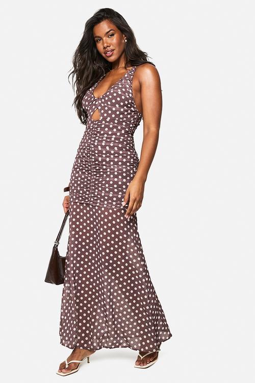 Chiffon polka dot bandeau midaxi dress - chocolate