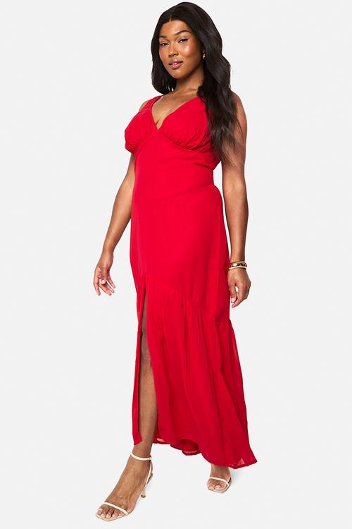 Plus Chiffon Underbust Godet Maxi Dress - Red