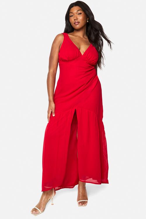 Plus Chiffon Underbust Godet Maxi Dress - Red