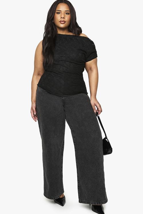 Plus asymmetric neckline lace top - black