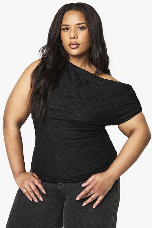 Plus asymmetric neckline lace top - black