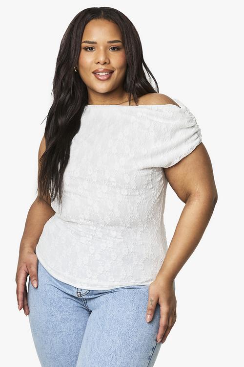 Plus asymmetric neckline lace top - white