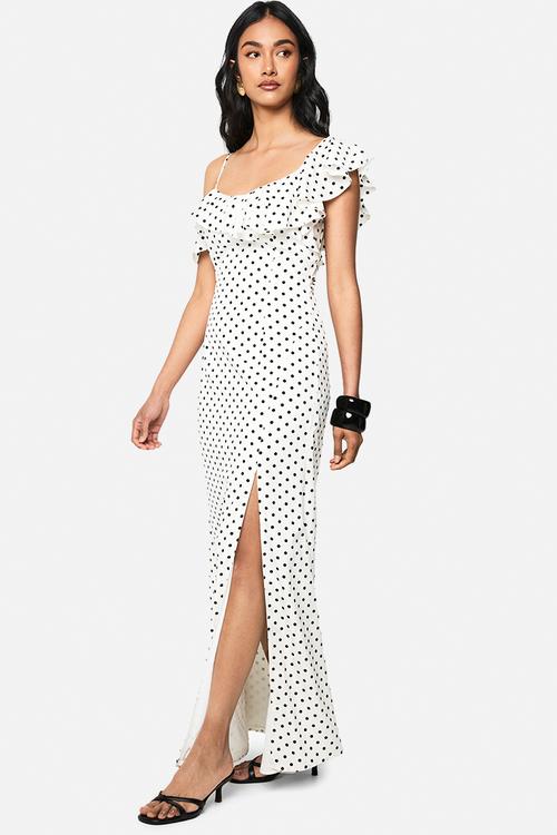 Polka dot frill detail maxi dress - white