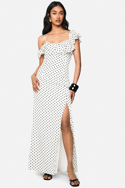 Polka dot frill detail maxi dress - white