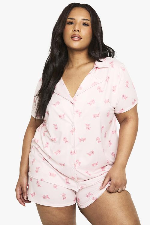 Plus cowboy print shirt and short set - pink