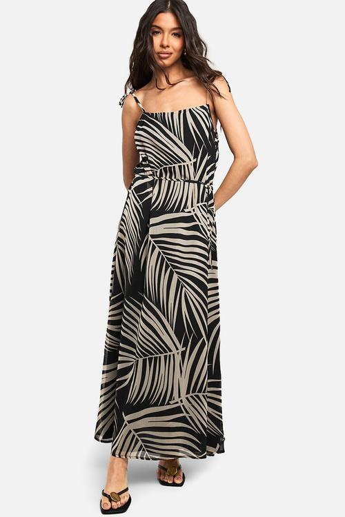 Palm print tie detail chiffon midaxi dress - black
