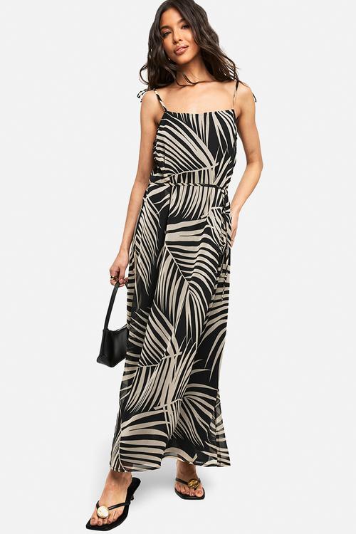 Palm print tie detail chiffon midaxi dress - black