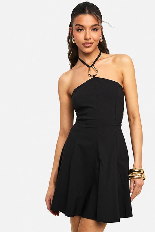 Halter neck trim detail volume skater dress - black