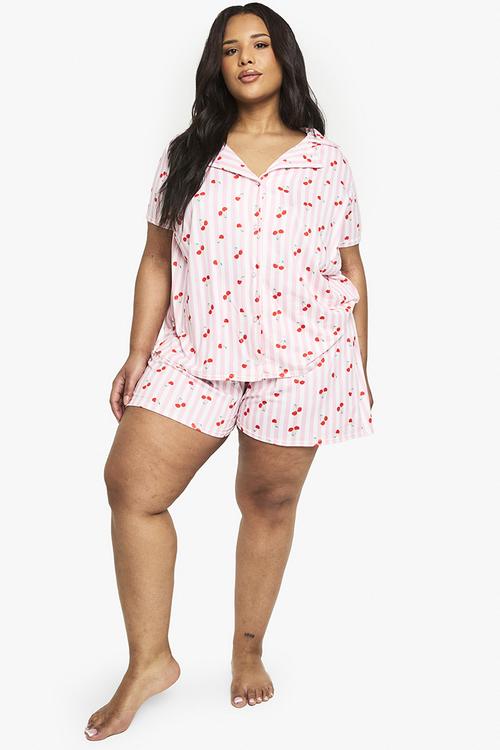 Plus cherry print shirt and short set - pink