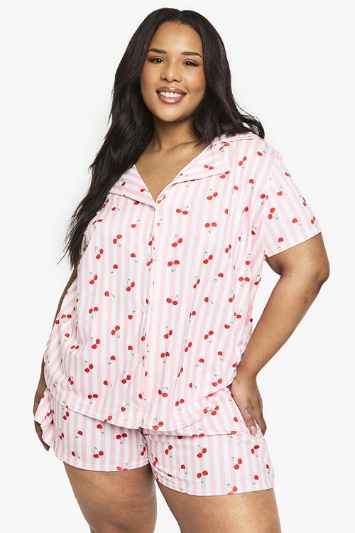 Plus cherry print shirt and short set - pink