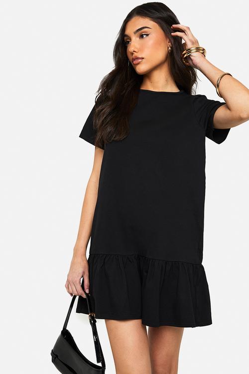 Cotton ruffle dropped hem smock dress - black