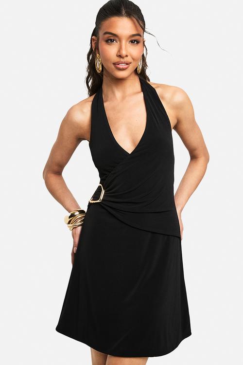 Halter neck trim detail wrap mini dress - black