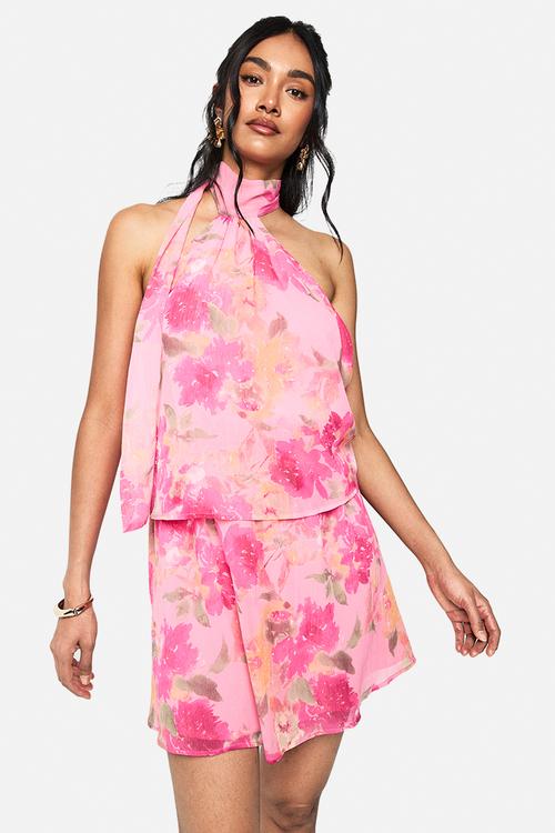 Floral chiffon scarf detail mini dress - pink