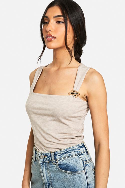 Marl square neck trim detail top - stone