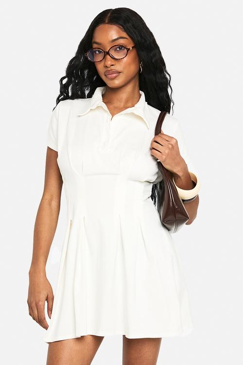Cotton collared pleated mini dress - white