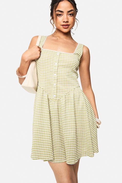 Gingham corset detail skater dress - green