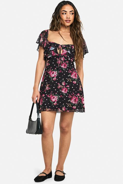 Ditsy floral mesh angel sleeve tie front mini dress - black