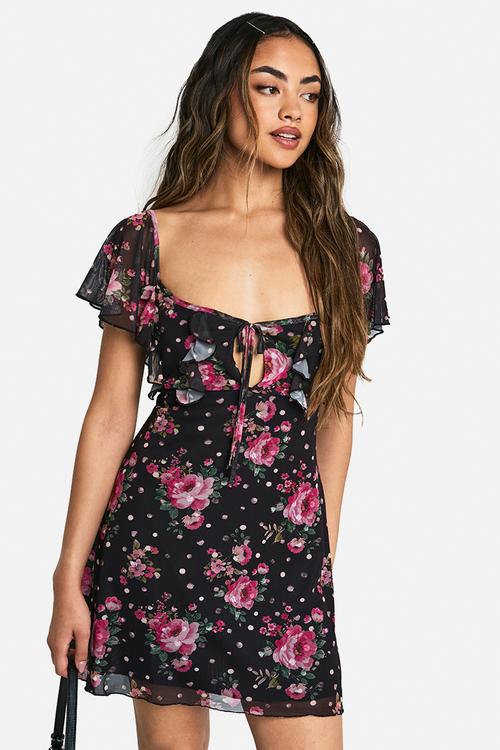 Ditsy floral mesh angel sleeve tie front mini dress - black