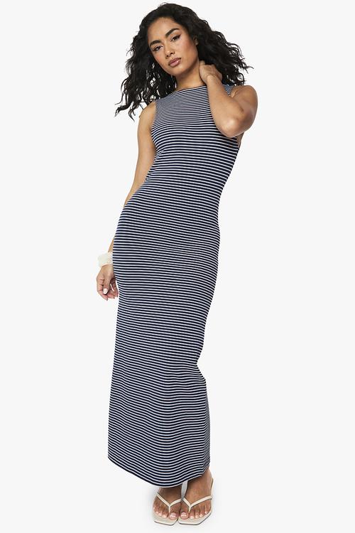 Stripe tie back column midaxi dress - navy
