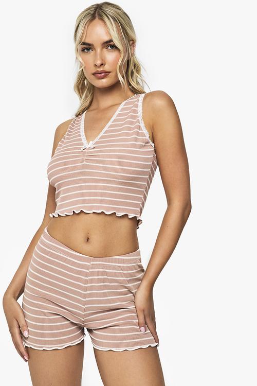 Lace trim striped vest & shorts pyjama set - beige