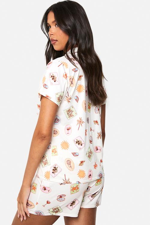Postcard print short sleeve shirt & shorts pyjama set - cream