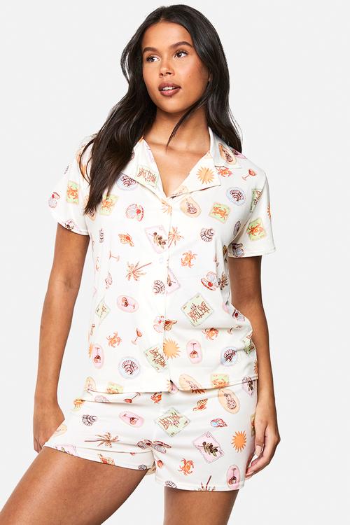 Postcard print short sleeve shirt & shorts pyjama set - cream
