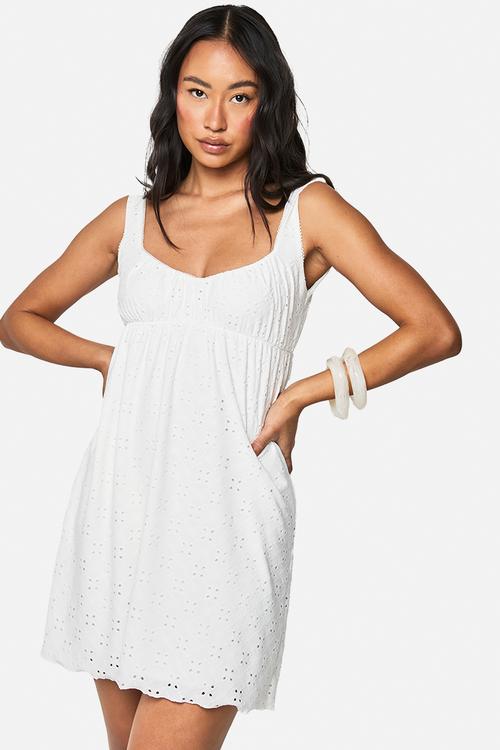 Broderie square neck smock dress - white