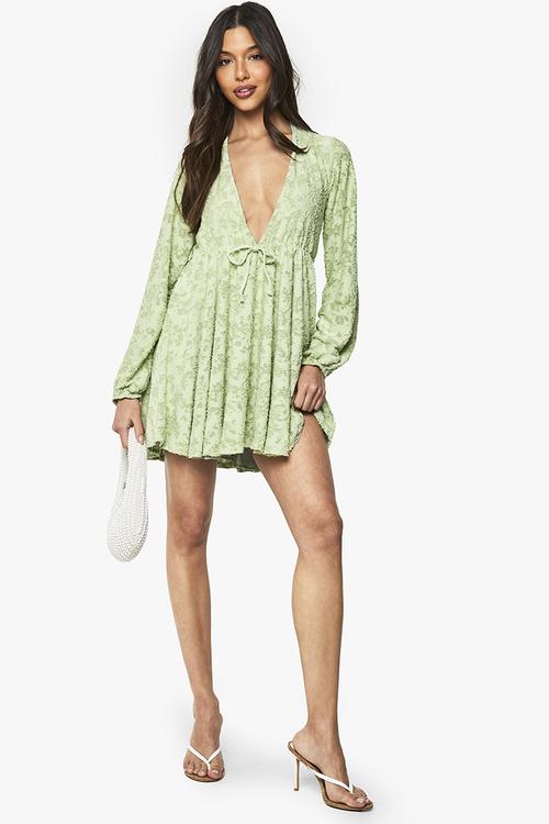 Floral burnout plunge skater mini dress - sage