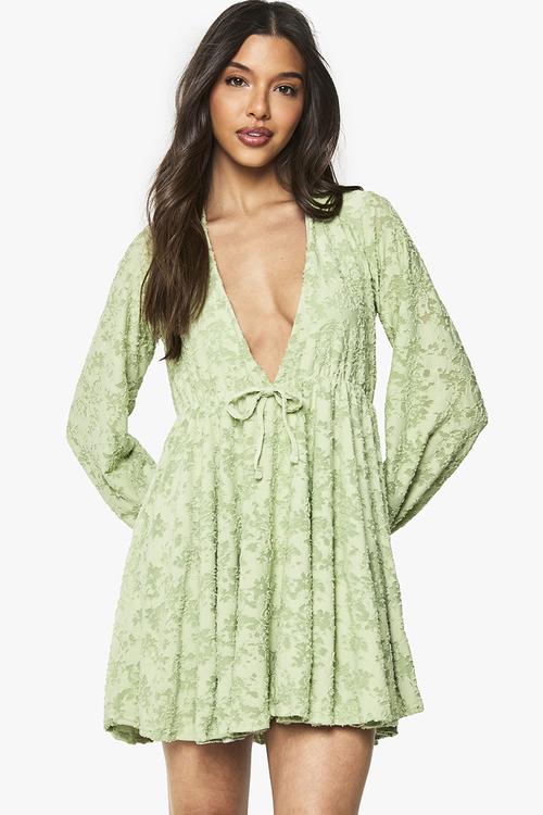 Floral burnout plunge skater mini dress - sage