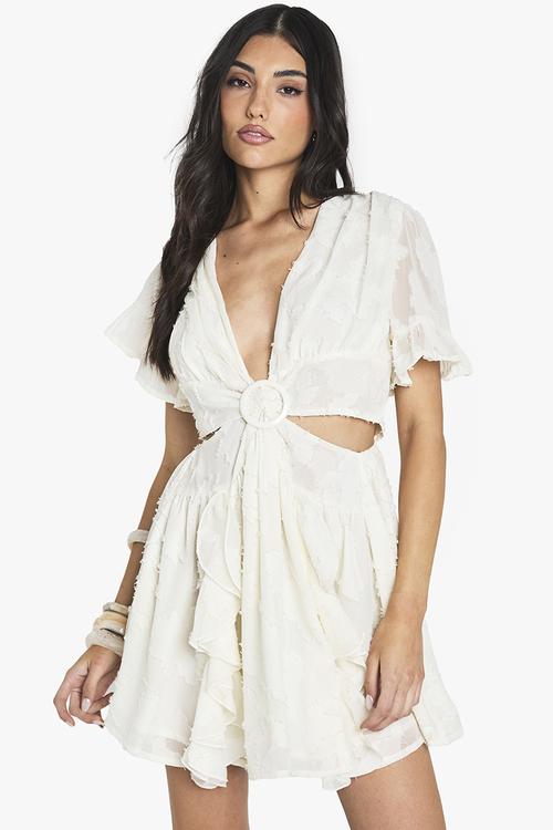 Burnout floral angel sleeve skater dress - white