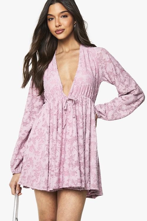 Floral burnout plunge skater mini dress - pink