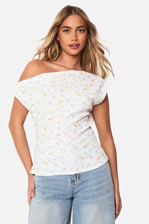 Textured ditsy cowl neck top - white