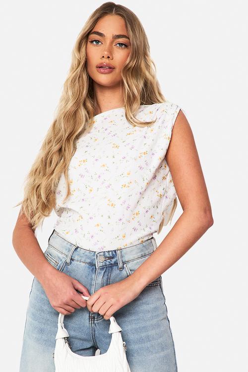 Textured ditsy cowl neck top - white