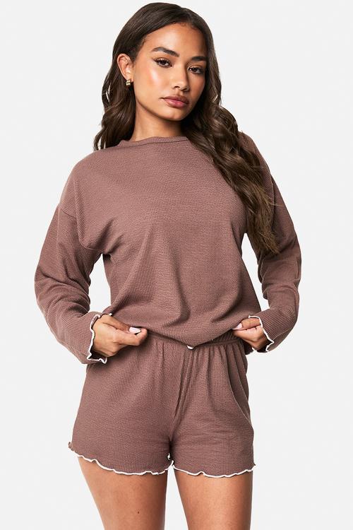 Rib lettuce hem long sleeve top & shorts pyjama set - mocha