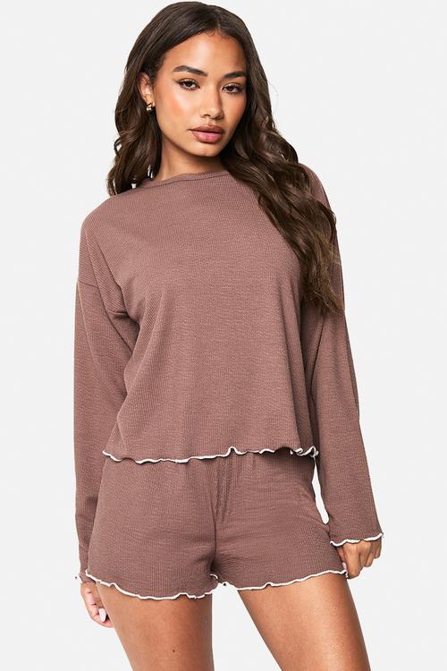 Rib lettuce hem long sleeve top & shorts pyjama set - mocha