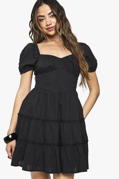 Cotton tiered puff sleeve smock mini dress - black