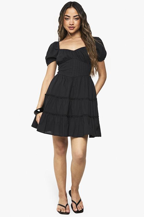 Cotton tiered puff sleeve smock mini dress - black