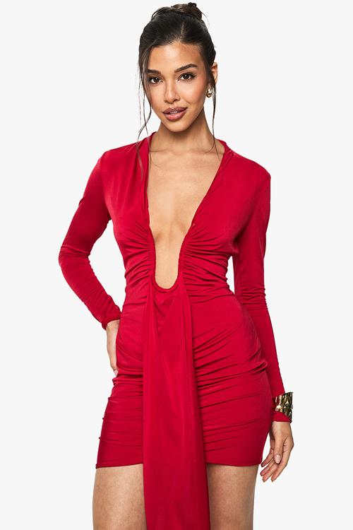 Slinky plunge ruched mini dress - red