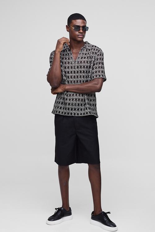 Oversized Overhead V-Neck Crochet Shirt - Black