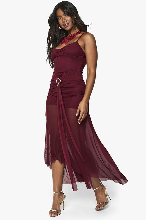 Ruched mesh drape midaxi dress - wine