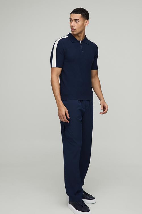 Muscle Fit Zip Neck Stripe Sleeve Knitted Polo - Navy