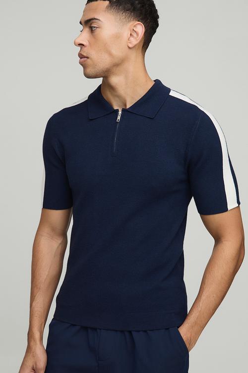 Muscle Fit Zip Neck Stripe Sleeve Knitted Polo - Navy