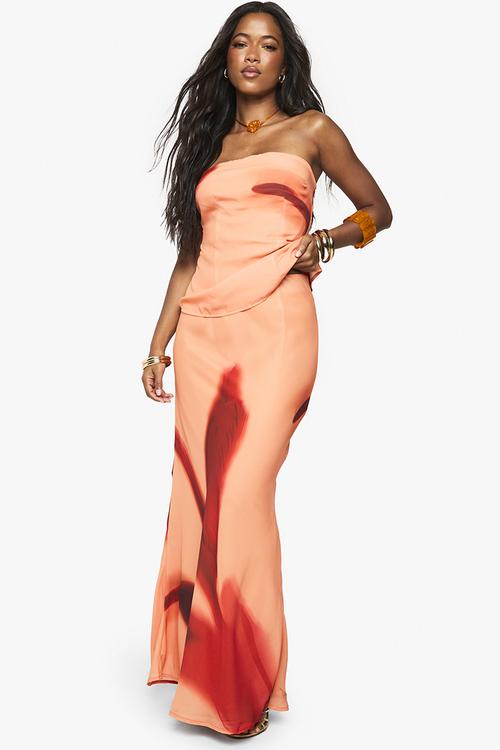 Chiffon flower printed maxi skirt - red