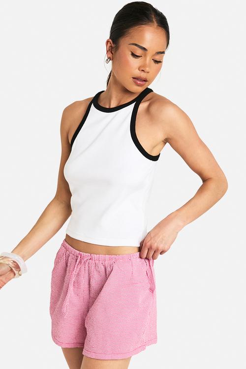 Rib contrast binding racer neck vest top - white